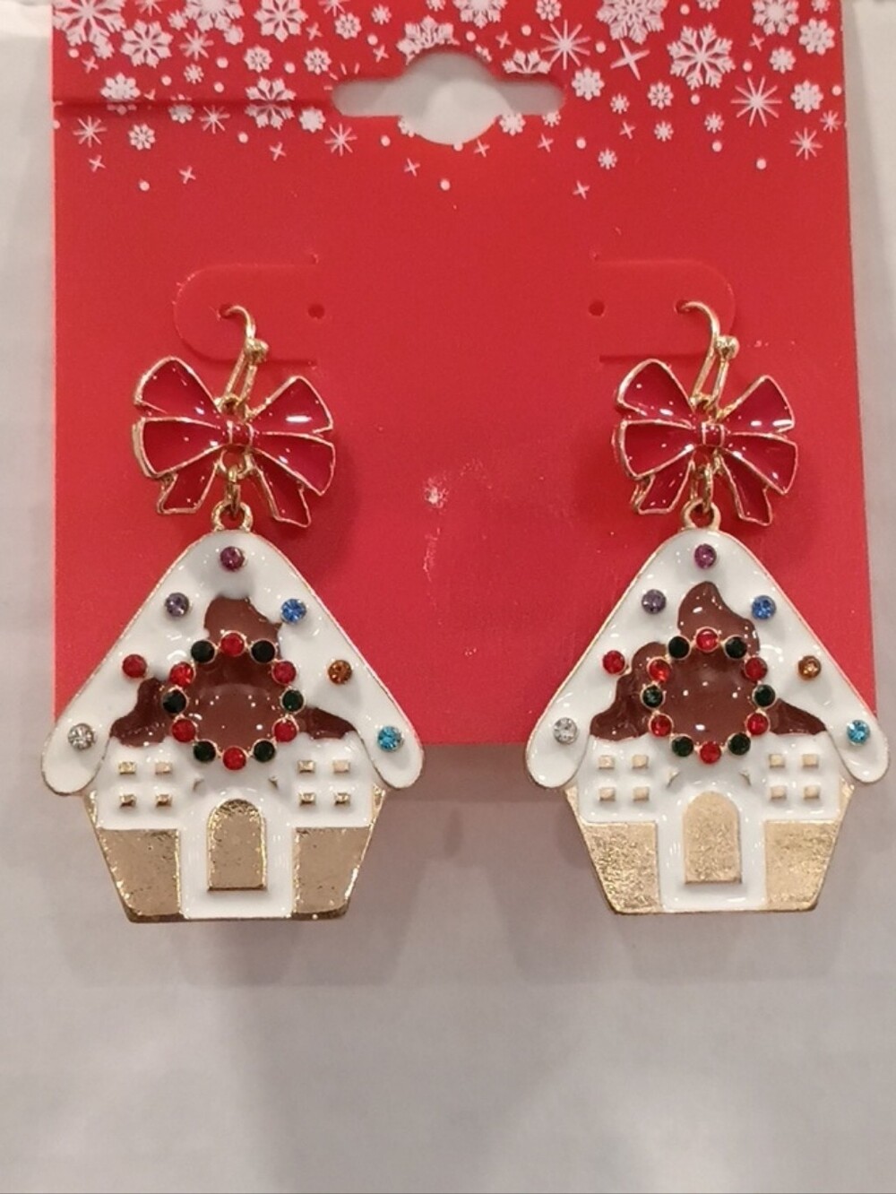 Kohl's Gold & White Gingerbread House Dangle Earrings with Red Bow